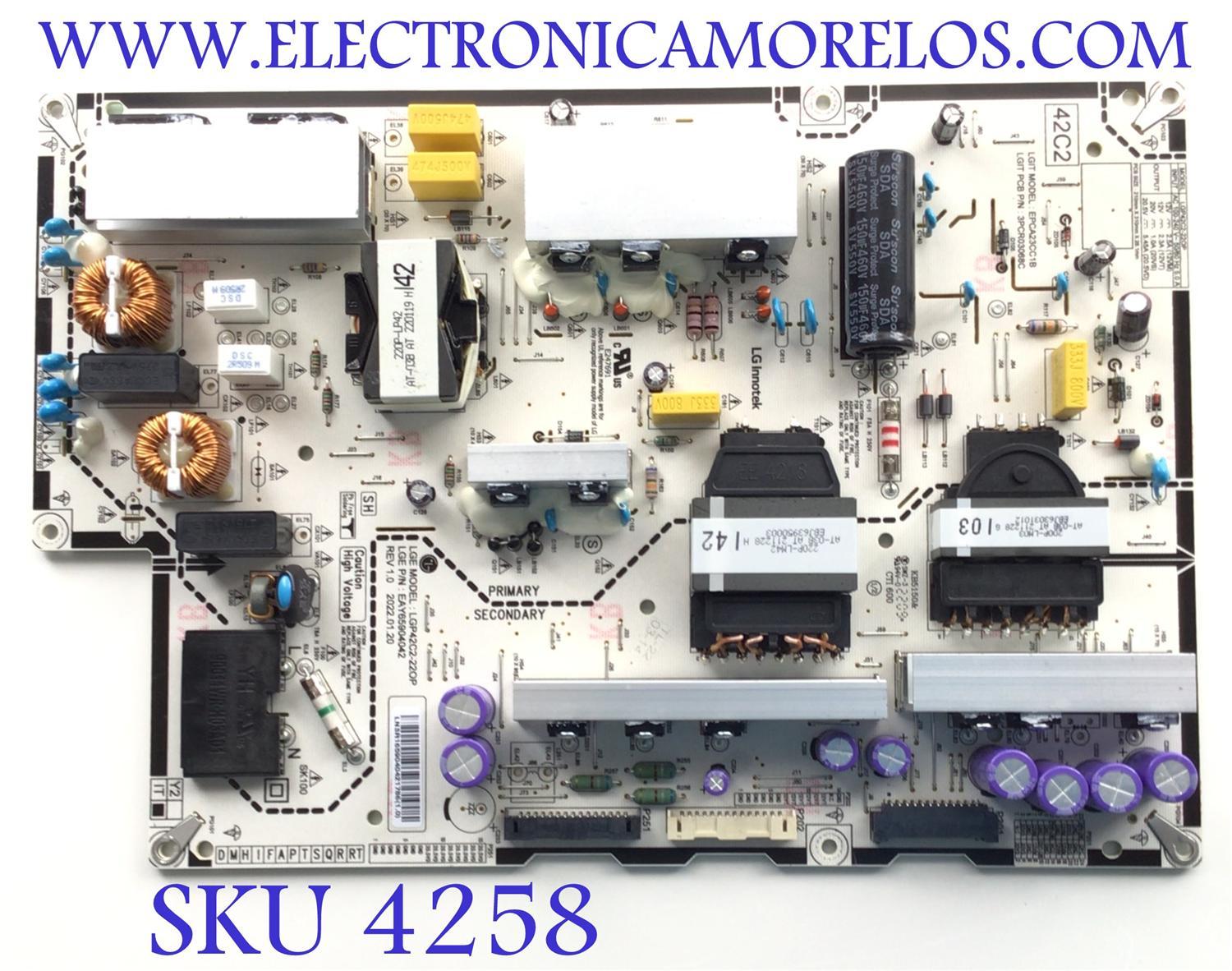 FUENTE PARA TV LG / NUMERO DE PARTE EAY65904042 / LGP42C2-22OP / 65904042 / EPCA23CC1B / 3PC03068C / MODELO OLED42C2PUA.DUSQLJR